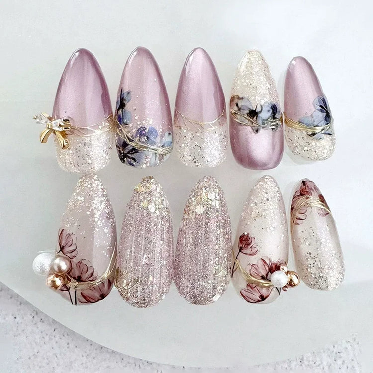 24Pcs Medium Almond Nude‑Pink 3D Textured Metallic Cat‑Eye French Sheer Press‑On False Nails For Nail Art Decor