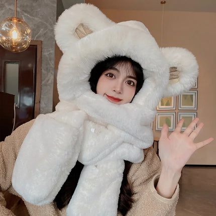 New Fashion Scarf Hat Glove Women Cute Big Ear Bunny Beanie Winter Warm Soft Thickening Pocket Warm Ear Hats Hooded Skullie Caps