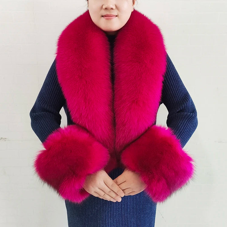 Real Fur Collar And Cuffs Set Winter Coat Accessories Women Fluffy Large Fur Shawl Neak Warm Fox Fur Scarf Furry Scarves Female