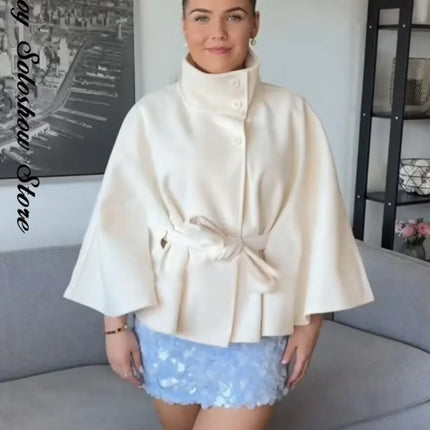 Women's Elegant Midi Cape Coat with Stand Collar Three Quarter Flared Sleeves Solid Color Belted Loose Fit Poncho For Woman