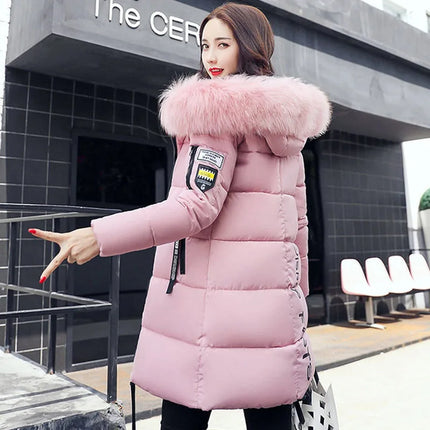 Women Winter Fur Collar Hooded Parka Coats Fashion Letter Patch Zipper Long Jacket Elegant Slim Warm Thick Female Snow Outerwear