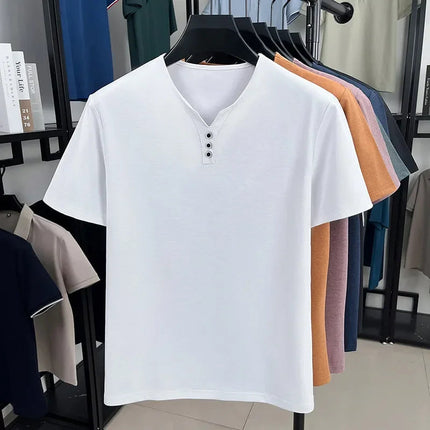 New Men's Casual and Fashionable Three Button V-neck Solid Color Short Sleeved T-shirt Summer Versatile Top PlatiNum
