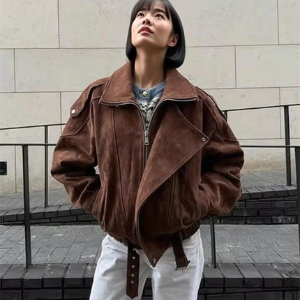 Women's Belt Short Suede Jackets Loose Lapel Long Sleeve Zipper Coats 2025 Spring Lady Vintage Female Outwear Street