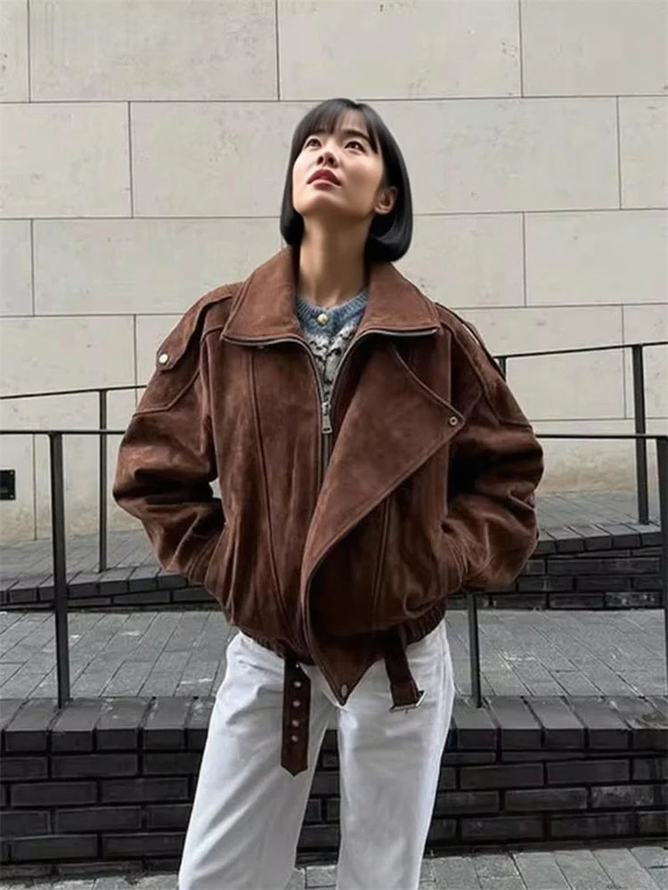 Women's Belt Short Suede Jackets Loose Lapel Long Sleeve Zipper Coats 2025 Spring Lady Vintage Female Outwear Street