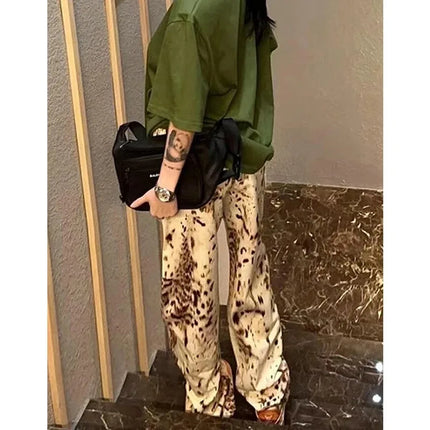 Jeans dritti a gamba larga con stampa leopardata Jeans retrò a vita alta da donna Streetwear Pantaloni vintage Y2k Pantaloni in denim da strada