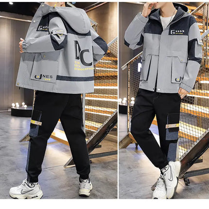 Men's Casual Sports Sets Spring Autumn Tracksuit Jogging Set Patchwork flight Hooded jacket pants two Piece