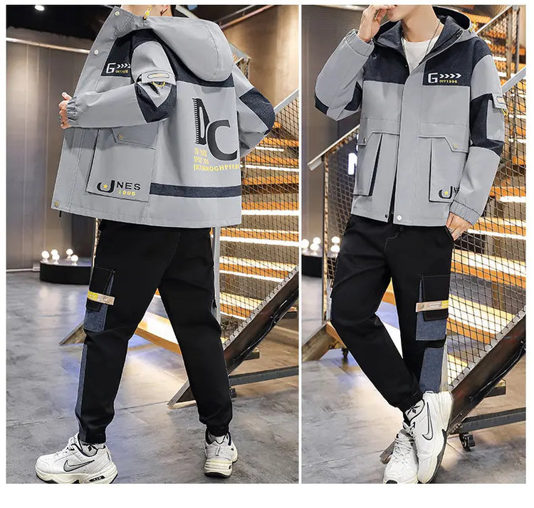 Men's Casual Sports Sets Spring Autumn Tracksuit Jogging Set Patchwork flight Hooded jacket pants two Piece