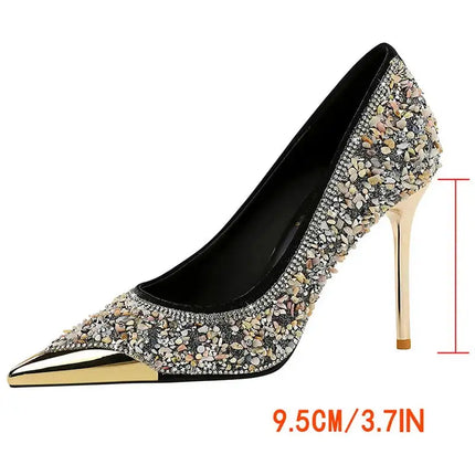 BIGTREE Scarpe Tomaia per scarpe con strass Décolleté da donna Tacchi a spillo 9,5 cm Punta a punta in metallo Tacchi alti Décolleté in cristallo di lusso Lady platinumshop