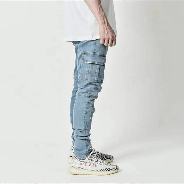 Street Elastic Jeans Men Denim Cargo Pants Wash Solid Color Multi Pockets Casual Mid Waist Trousers Slim Fit Daily Wear Joggers PlatiNum