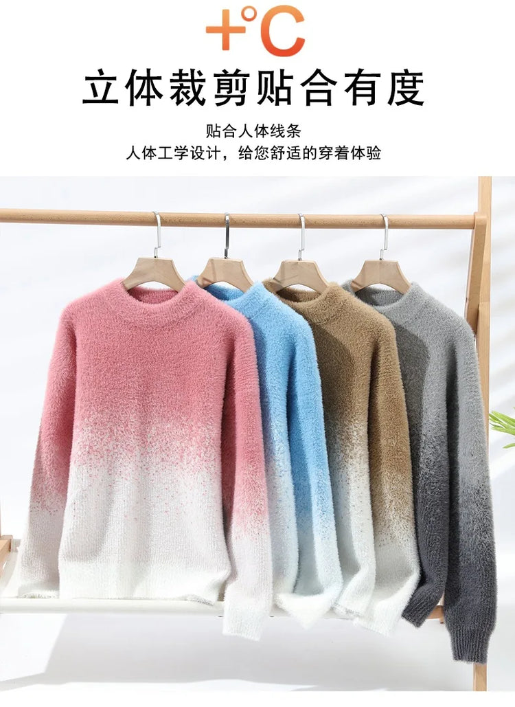 Imitation Mink Sweater for Men's Gradient Knitted Sweater for Couples Round Neck Thickened Warm Casual Pullover