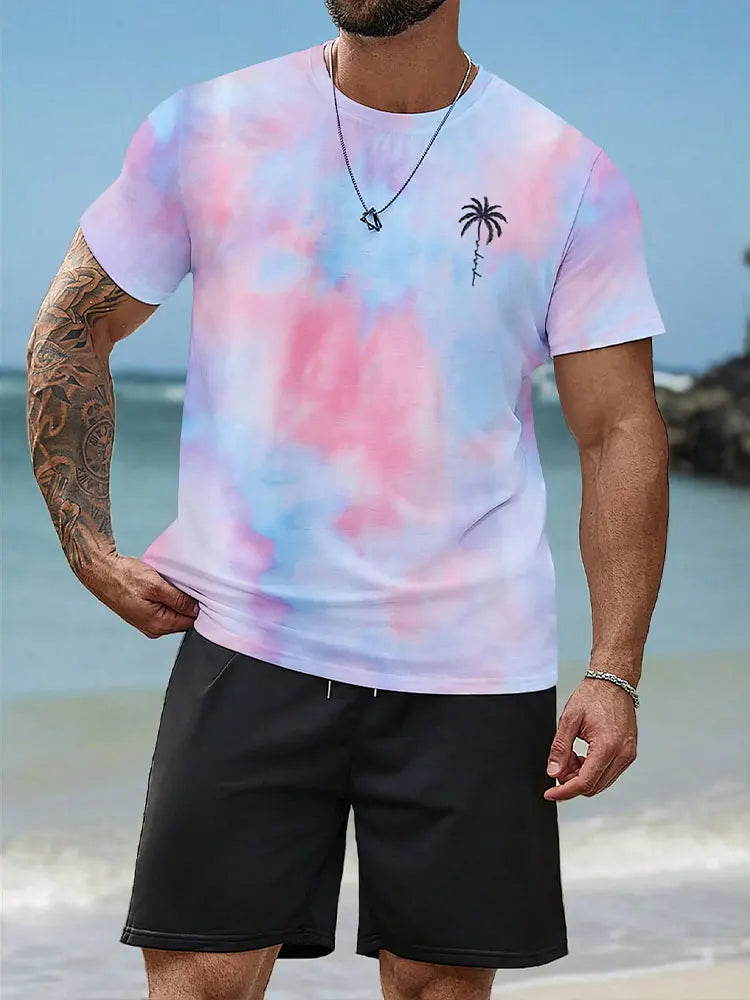 Pantaloncini a maniche corte da uomo con stampa sfumata Set Set di moda da uomo hawaiano T-shirt casual da uomo estiva Pantaloncini da uomo da spiaggia all'aperto