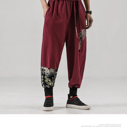 Pantaloni da uomo Costume da samurai giapponese Ukiyo-e Cintura con stampa Pantaloni stile harem da uomo in cotone e lino Pantaloni casual Harajuku da uomo Taglie forti 5XL
