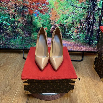 Tacchi altissimi personalizzati multicolori da 12 cm, pelle verniciata bianca nuda, suola rossa sexy, scarpe sottili a punta per ordine singolo platinumshop