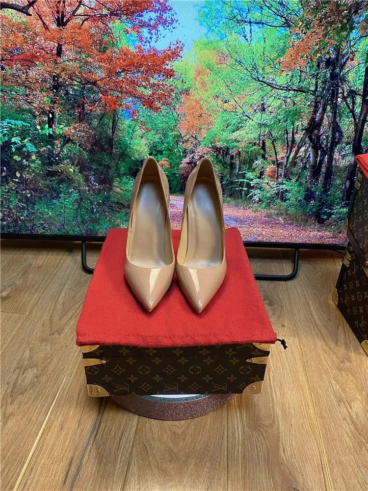 Tacchi altissimi personalizzati multicolori da 12 cm, pelle verniciata bianca nuda, suola rossa sexy, scarpe sottili a punta per ordine singolo platinumshop