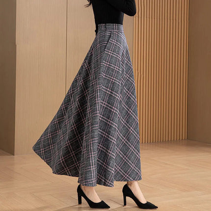 New Women Woolen Plaid Skirt Autumn Winter Fashion Elastic High Waist A-Line Wool Blended Long Skirt Simplicity Vintage Skirt PlatiNum