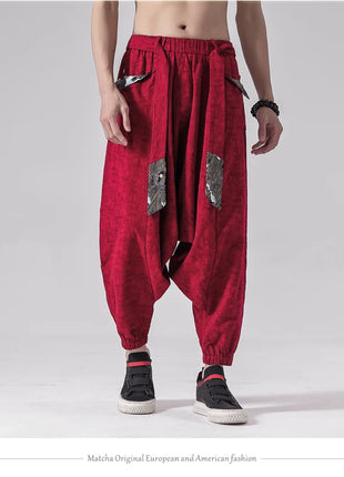 Pantaloni a gamba larga da uomo in cotone e lino casual oversize Harajuku pantaloni alla moda da uomo samurai giapponese retrò Ukiyo-e stampa pantaloni con cintura da uomo