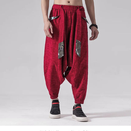 Pantaloni a gamba larga da uomo in cotone e lino casual oversize Harajuku pantaloni alla moda da uomo samurai giapponese retrò Ukiyo-e stampa pantaloni con cintura da uomo