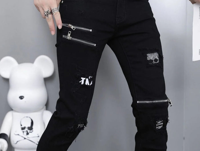 2024 Spring and Autumn Fashion Trend Black Straight Leg Ripped Jeans Men's Casual Comfort Breathable High-Quality Denim Pants PlatiNum