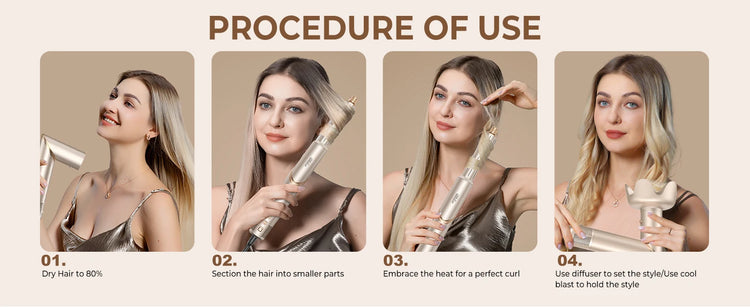 UKLISS 643 Champagne Color 8-in-1 Hot Air Styler Set, Detachable Multi Functional Hair Styling Tool, Hair Dryer, Curling Wand, Straightening Brush & Flat Iron All in One, Foldable Rotatable Auto Curler for Quick Drying, Smoot