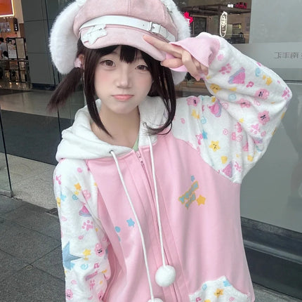 Harajuku Zip Hoodies Women Japanese Sweet Lolita Sweatshirts Kawaii Cartoon Print Y2k Hooded Overcoat Korean Fashion Clothes Top