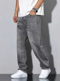 Men's straight skinny grey jeans, straight and simple design, suitable for daily wear in all seasons
