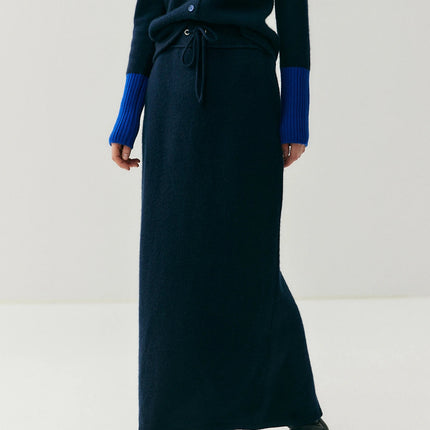 Women Pure Cashmere Long Skirts Autumn Winter Straight Ankle Length Thick Skirts 100% Cashmere Knit Drawstring and Split Skirts PlatiNum
