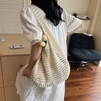 Crochet Crossbody Bag Hollow Beach Leisure Handbag Solid Color Summer Holiday Woven Shoulder Bag