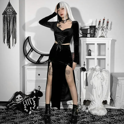 Damen-Punk-Rock-Stil-Rock, neuartiger eleganter langer Rock für Halloween und Festivals, hohe Taille, schlanke Passform, mit sexy Schleife und seitlichem Schlitz, Knielang