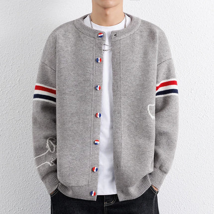 Designer Brand Long Sleeve Knitted Cardigan Men's New Trend Color Blocked Button Design Couple's Casual Warm Round Neck Coat