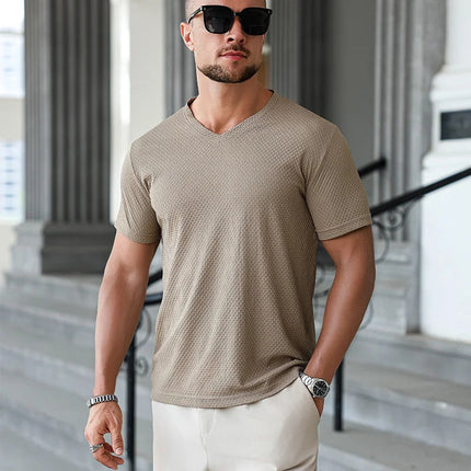 2025 New Men's Casual Short Sleeved Bone Flower Solid Color O-neck T-shirt Fashion Breathable Comfortable Summer Versatile Top PlatiNum