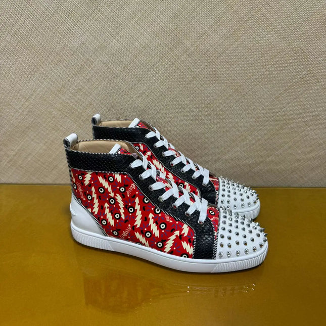Men's Luxury Spiked High Top Sneakers Red Snake Leather Casual Shoes Red Bottom Lace Up Streetwear Business Plus Size