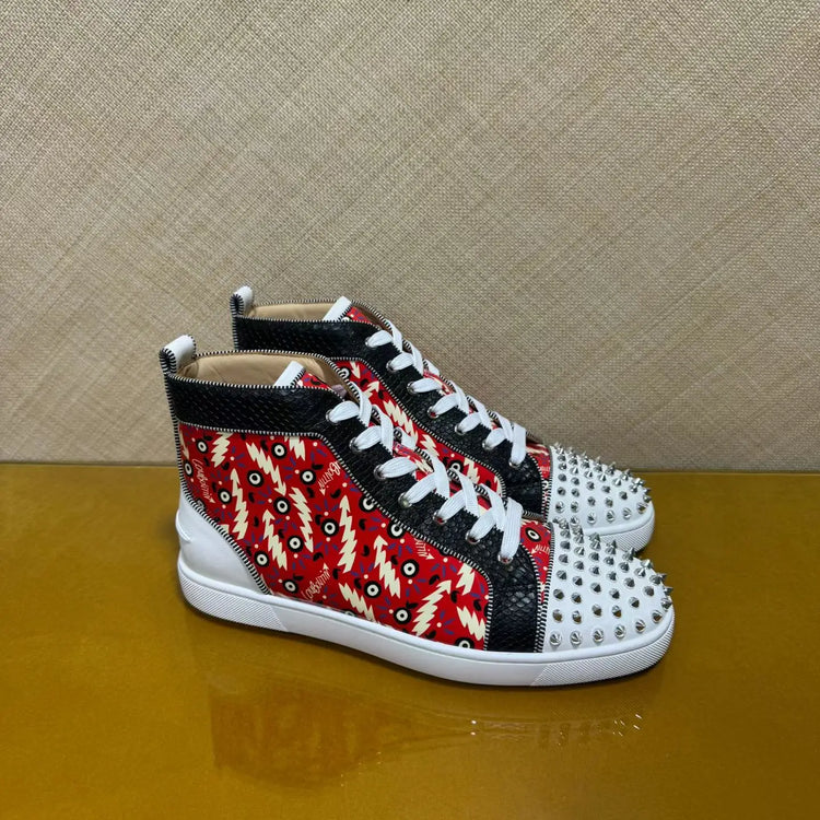 Men's Luxury Spiked High Top Sneakers Red Snake Leather Casual Shoes Red Bottom Lace Up Streetwear Business Plus Size