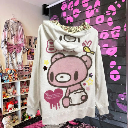 Retro Cartoon Gloomyed Bear Hoodie Women Sweet Cool Zip Sweatshirt Long Sleeve Fleece Jacket for Autumn Winter Subculture Style