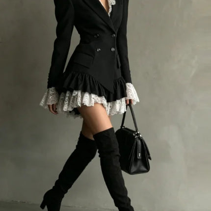 Chic Patchwork Lace Blazer Dress Women Autumn Winter Commute Lapel Long Sleeve Slim Fit Mini Dresses Double Breasted Suit Dress