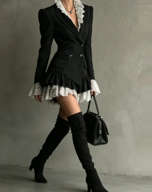 Chic Patchwork Lace Blazer Dress Women Autumn Winter Commute Lapel Long Sleeve Slim Fit Mini Dresses Double Breasted Suit Dress