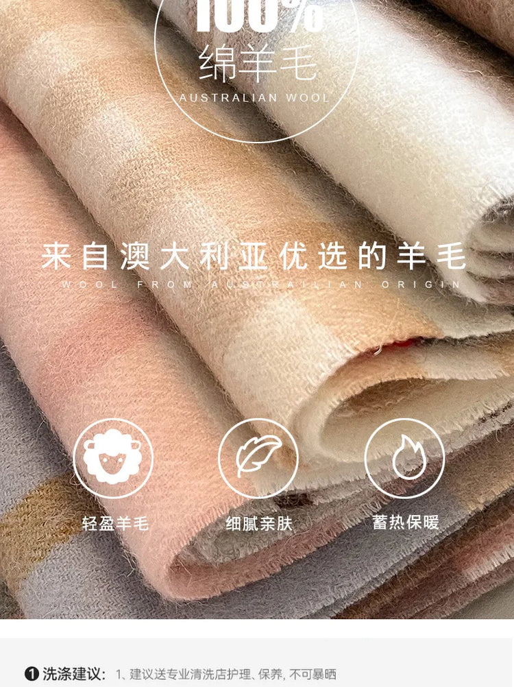 High Quality 100% Pure Wool Scarf Women Classic Chic  Autumn Winter Colorful Plaid Tassel Warm Muffler Female Thermal Shawl Lady
