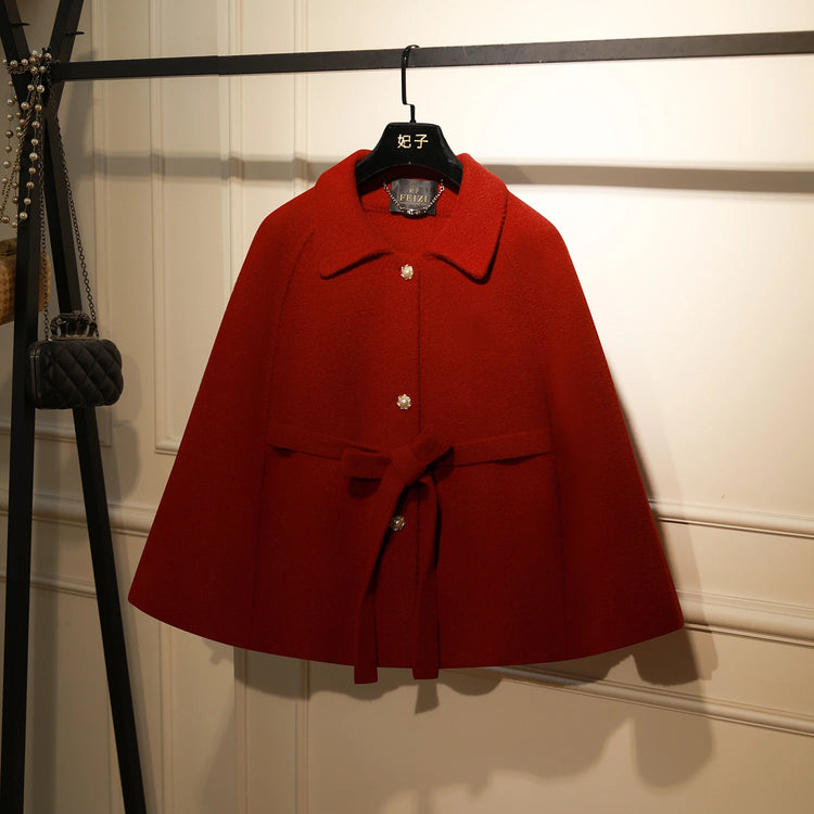 French Elegant temperament Wool Jacket Lapel Sleeveless Single-Breasted Lace-up Bow Casual Short Capes Women Autumn Cloak Coat