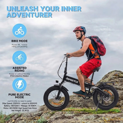 Univercycle B1 SATURNO Bici Elettrica Pieghevole 20" Pneumatico Largo Batteria Rimovibile 48V 13Ah Motore Senza Spazzole 250W Cambio a 7 Velocità Freno a Disco Idraulico 25 KM/H