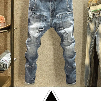 2025 Spring Autumn Korean Luxury Clothing New Cargo Brand Tooling Jeans Men's Slim High Street Men's Splicing Patch Trousers PlatiNum