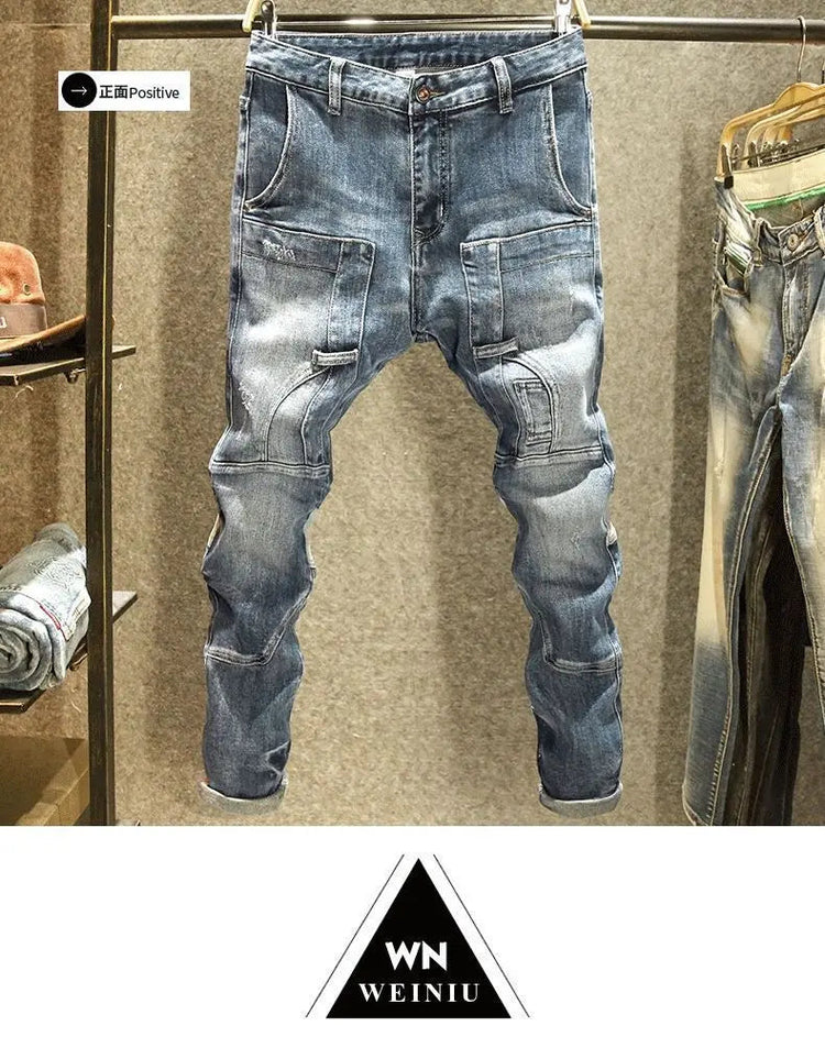 2025 Spring Autumn Korean Luxury Clothing New Cargo Brand Tooling Jeans Men's Slim High Street Men's Splicing Patch Trousers PlatiNum