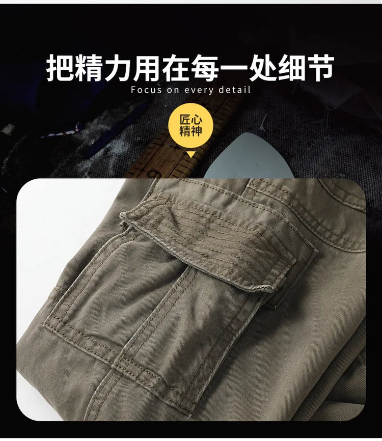 American Style Men's Heavyweight Cotton Cargo Pants Multi-Pocket Casual Loose Straight-Leg Work Trousers Outdoor Jogger Pants