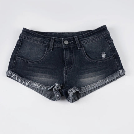 Slim-Fitting Frayed Hem Denim Shorts Basic Low-Waisted Dark Wash Distressed Jean Shorts Women 2025 Summer Fashion Streetwear PlatiNum