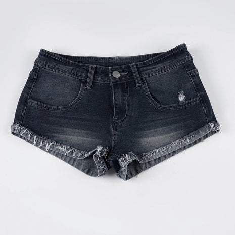 Slim-Fitting Frayed Hem Denim Shorts Basic Low-Waisted Dark Wash Distressed Jean Shorts Women 2025 Summer Fashion Streetwear PlatiNum
