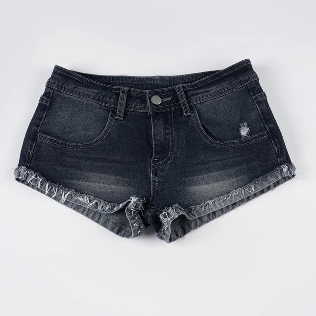 Slim-Fitting Frayed Hem Denim Shorts Basic Low-Waisted Dark Wash Distressed Jean Shorts Women 2025 Summer Fashion Streetwear PlatiNum