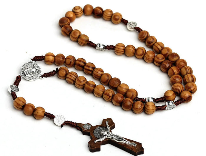 Collana con croce di rosario con perline di legno da 10 mm per donna uomo cristiano Vergine Maria INRI catena con ciondolo gioielli religiosi di moda PlatiNum