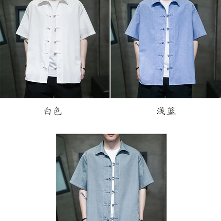 Camicie Estive da Uomo in Stile Cinese Retrò Tradizionale in Cotone e Lino Traspirante, Camicie Tang Suit, Bluse Casual da Uomo per Kung Fu e Tai Chi