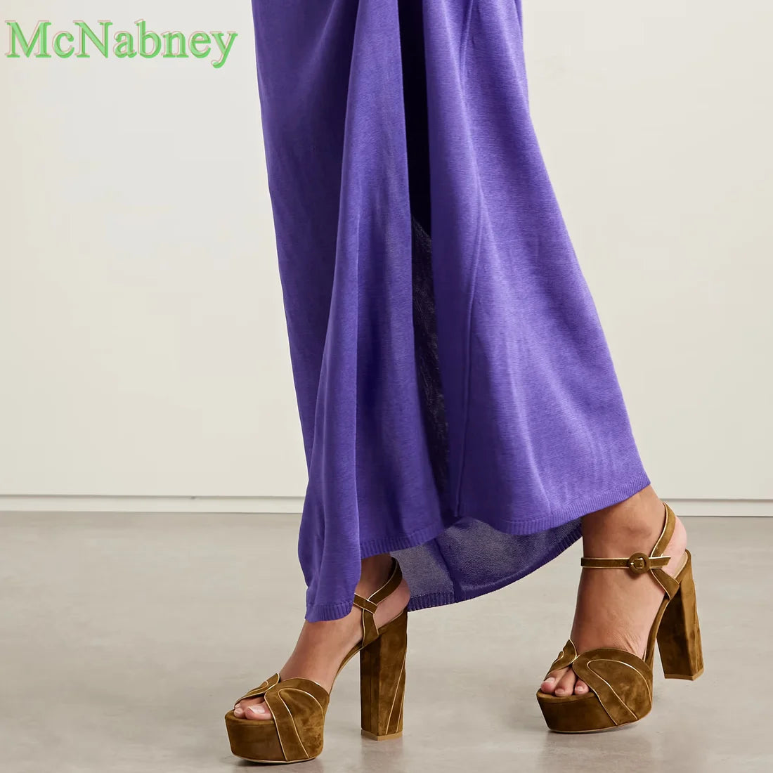 Brown Metallic Leather-trimmed Suede Platform Sandals Round Open Toe Chunky High Heels Ankle Strap Buckle Summer Shoes Luxury