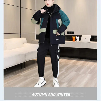 Men's Casual Wool Lined Thickened Hooded Set Fashionable Warm Sweatshirt Jacket Trendy Autumn Winter Men 2 Piece