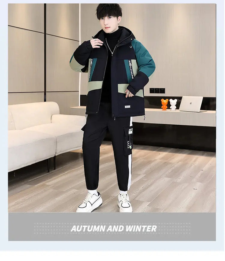 Men's Casual Wool Lined Thickened Hooded Set Fashionable Warm Sweatshirt Jacket Trendy Autumn Winter Men 2 Piece