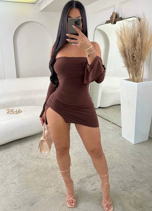 Mini-robe bustier dos nu pour femmes, robe de soirée moulante à manches longues et épaules dénudées, noire